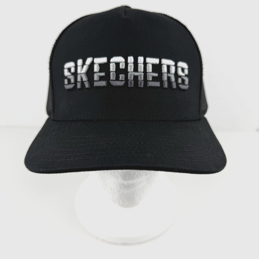 New Skechers Snapback Baseball Cap Hat Adult Trucker Embroidered Spellout Black